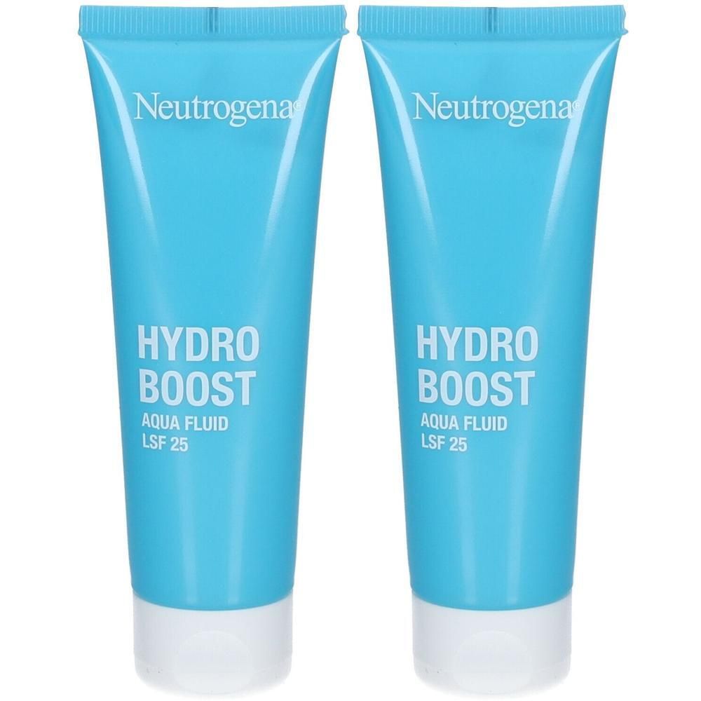 Zwei blaue Tuben mit weißem Deckel. Aufschrift: Neutrogena, HYDRO BOOST, Aqua Fluid LSF 25.