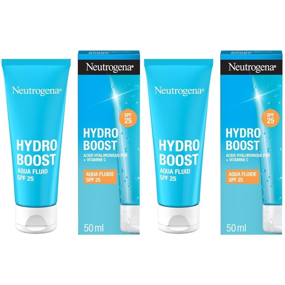 Quatre produits: tube bleu et boîte. Inscription: Neutrogena, HYDRO BOOST, Aqua Fluid SPF 25, 50ml.
