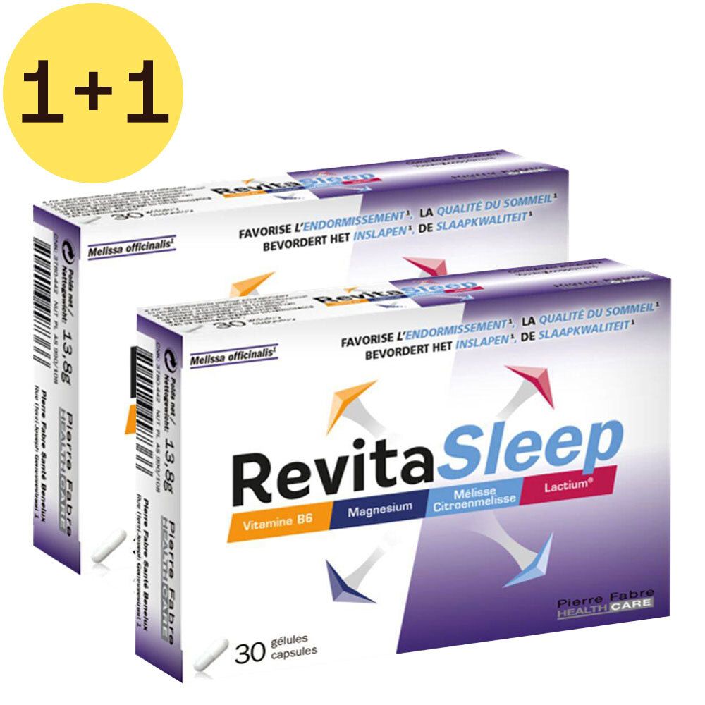 Deux boîtes de RevitaSleep avec 30 gélules. Inscription 1+1 GRATUIT. Contient de la vitamine B6, du magnésium, de la mélisse et du Lactium. Pierre Fabre Health Care.