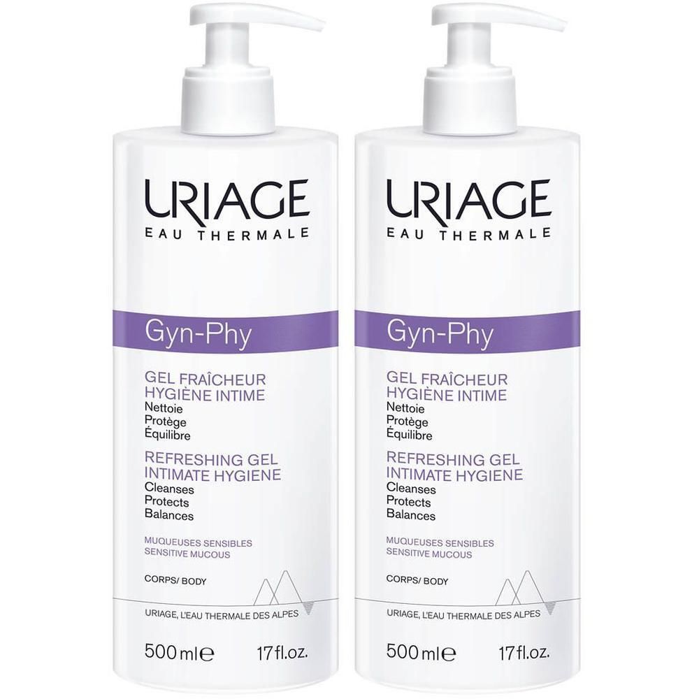 Zwei weiße Pumpflaschen URIAGE GYN-PHY Erfrischendes Gel für Intimhygiene, 500ml.