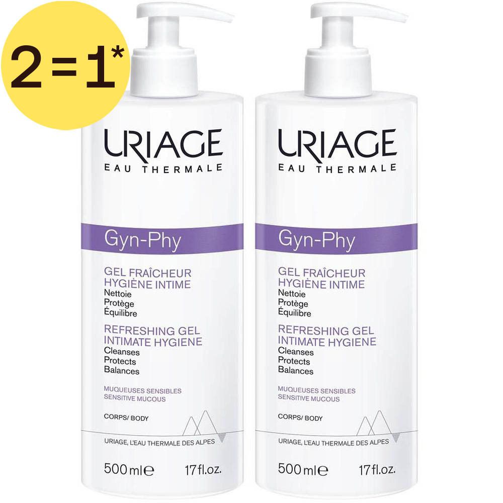 Deux flacons pompe blancs URIAGE GYN-PHY Gel Fraîcheur Hygiène Intime, 500ml.