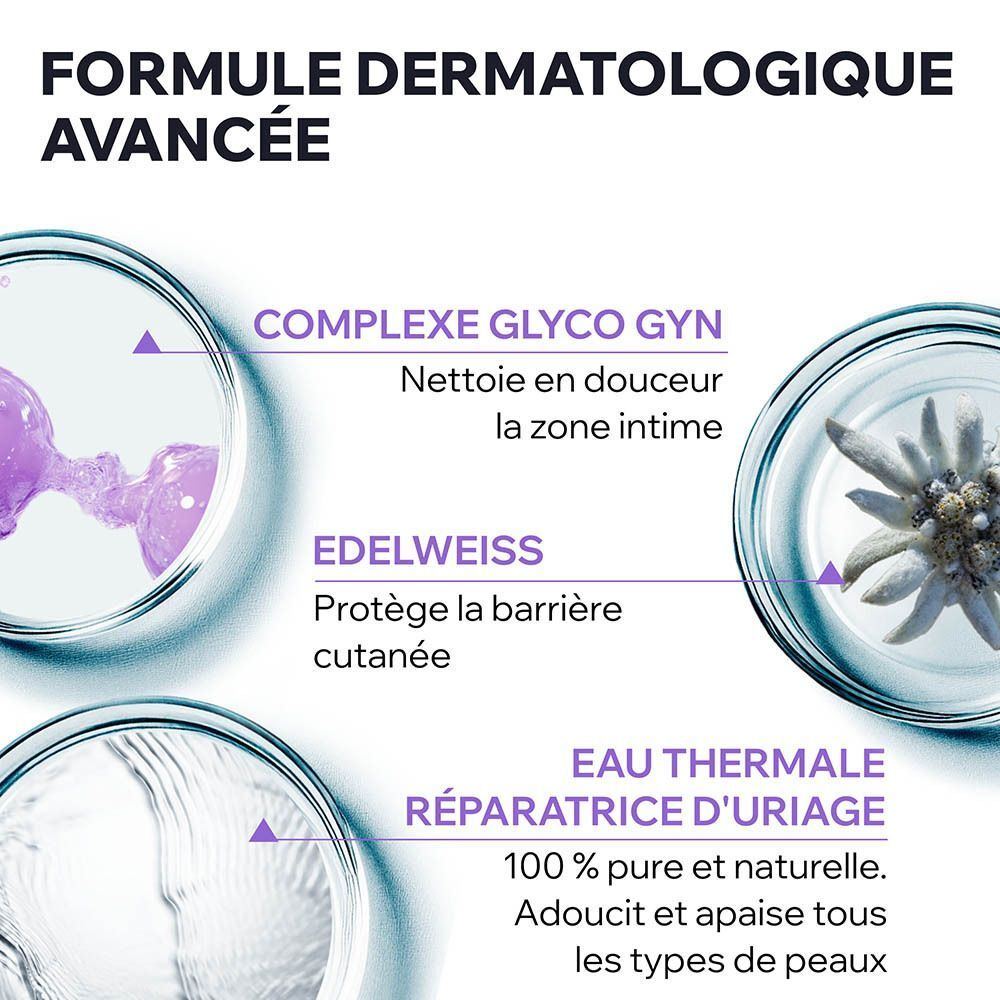 Du gel coule sur la peau, texte 'Hygiène Intime Quotidienne' et 'Gel Moussant Rafraîchissant'.