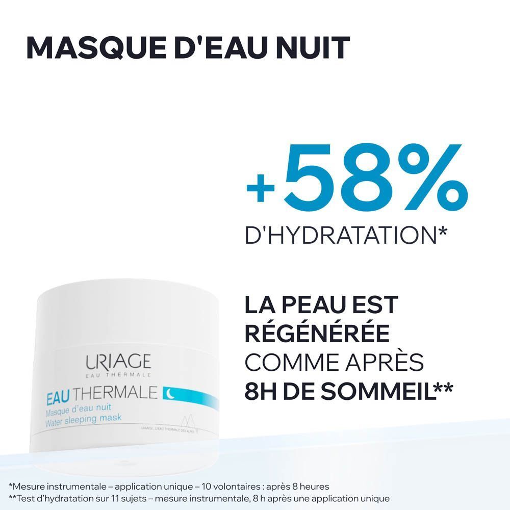 Uriage Eau Thermale Nachtmaske in weißem Tiegel mit blauem Deckel.