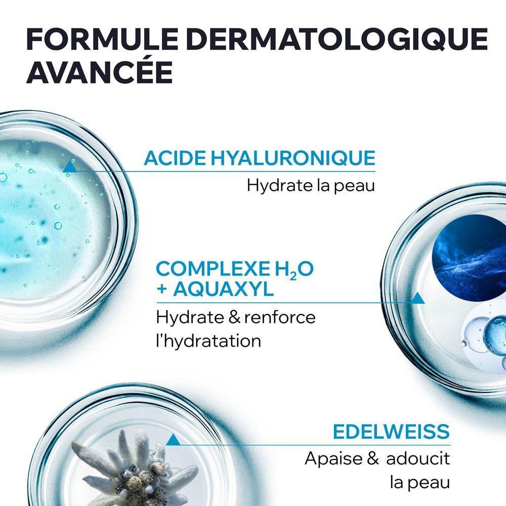 Drei Gläser mit Inhaltsstoffen: Hyaluronsäure, H2O-Komplex + Aquaxyl, Edelweiß. Formel für die Haut.