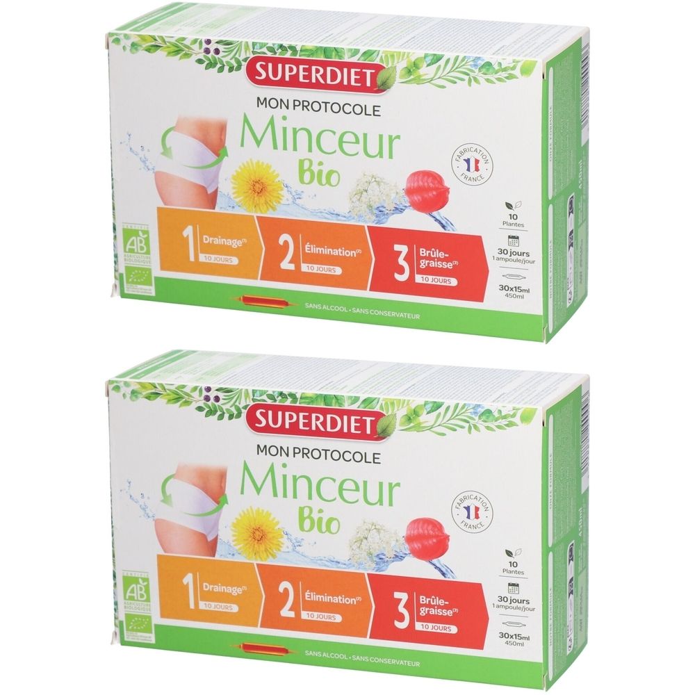 Deux boîtes de produit. Inscriptions: SUPERDIET, Minceur Bio, 1, 2, 3. Emballage vert et blanc avec illustrations.