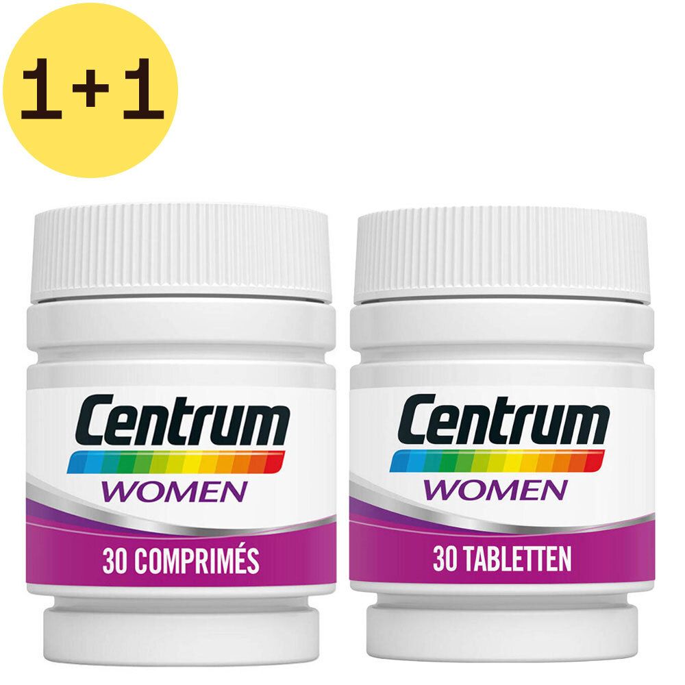 Zwei Flaschen Centrum Women, je 30 Tabletten. Aufschrift: Centrum, Women, 1+1 Angebot.