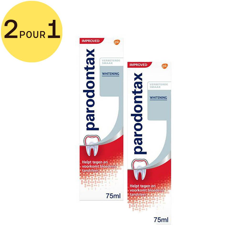 Deux tubes de dentifrice Parodontax Whitening. Emballage blanc et rouge. Contient du fluorure.