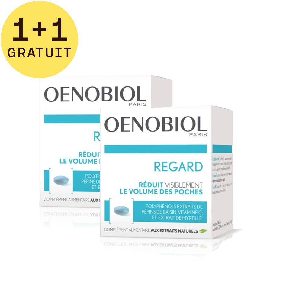 Deux boîtes Oenobiol. Inscription: Regard, réduit visiblement le volume des poches. Avec autocollant 1+1 gratuit.