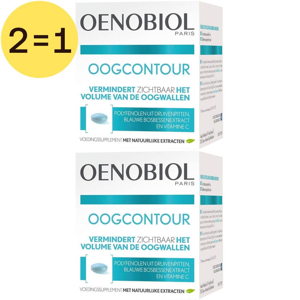 Zwei Oenobiol-Verpackungen. Aufschrift: Oogcontour, vermindert sichtbar het volume van de oogwallen. Mit 2=1-Aufkleber.