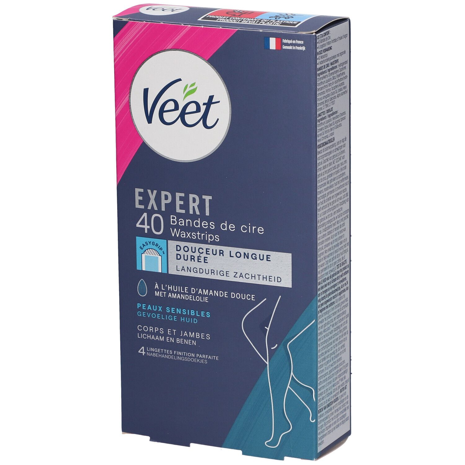 Veet Expert Wachsstreifen-Packung. 40 Streifen. Für sensible Haut. Mit Mandelöl. Verpackung mit Produktabbildung.