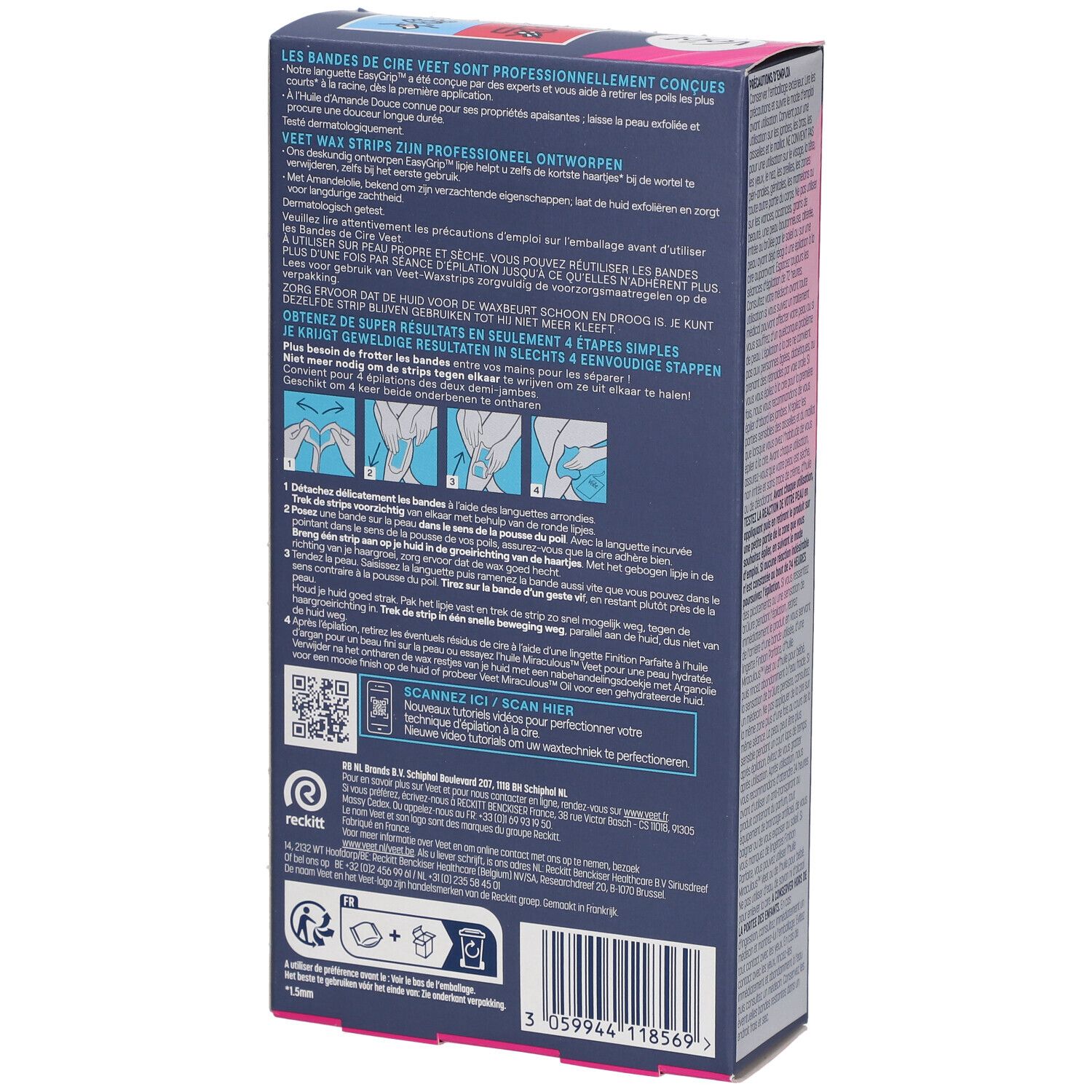 Rückseite der Veet Expert Wachsstreifen-Packung. Produktanwendung, QR-Code, Inhaltsstoffe. Text in mehreren Sprachen.