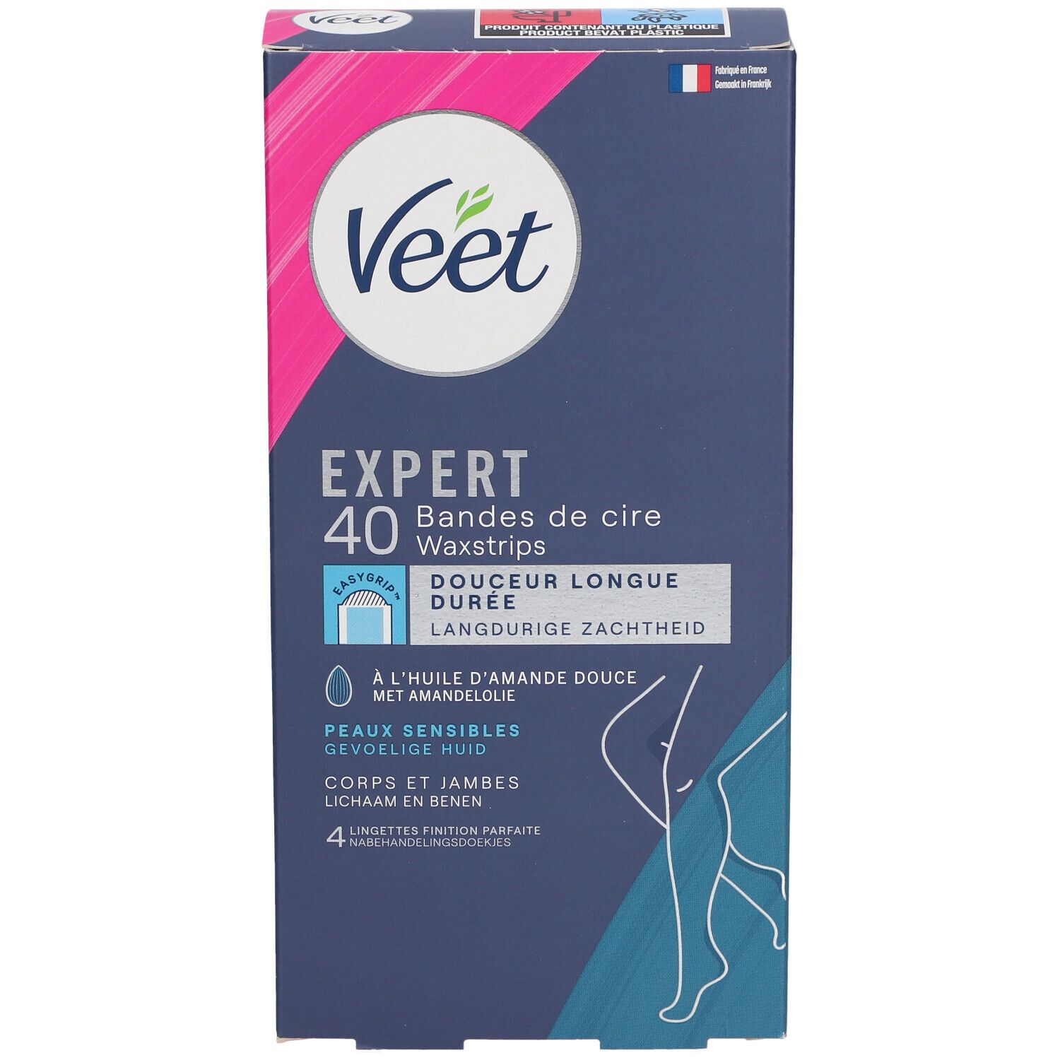 Veet Expert Wachsstreifen-Packung. 40 Streifen. Für sensible Haut. Mit Mandelöl. Produktabbildung und französische Flagge.