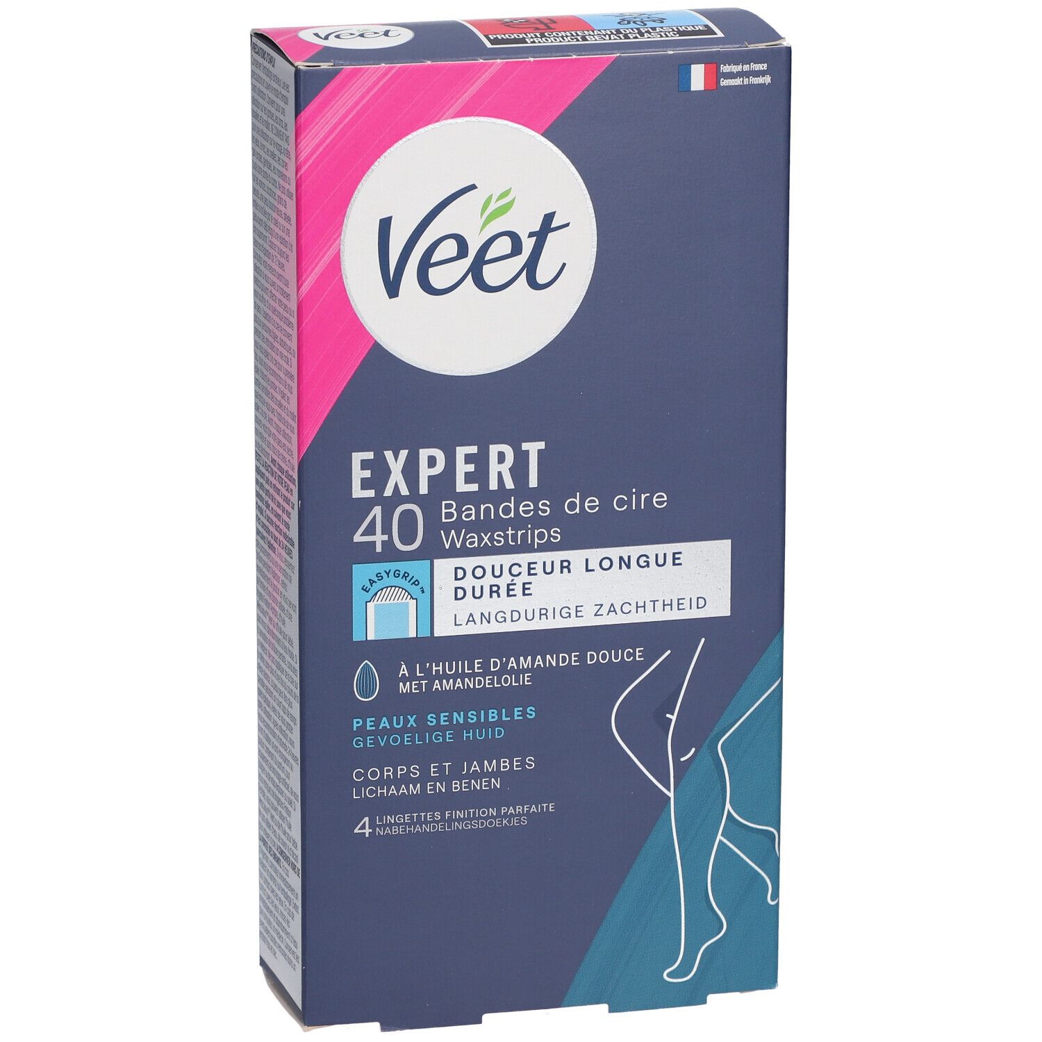 Veet Expert Wachsstreifen-Packung. 40 Streifen. Für sensible Haut. Mit Mandelöl. Produktabbildung und Logo.