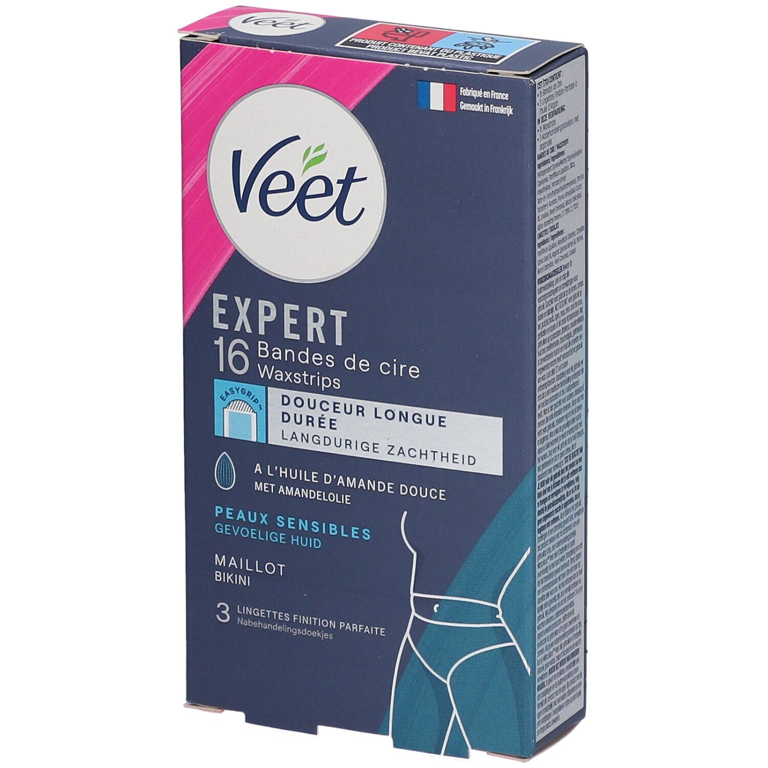 Veet Expert Waxstrips-Packung. 16 Wachsstreifen, für empfindliche Haut. Mit Mandelöl. Für Bikinizone. 3 Tücher.