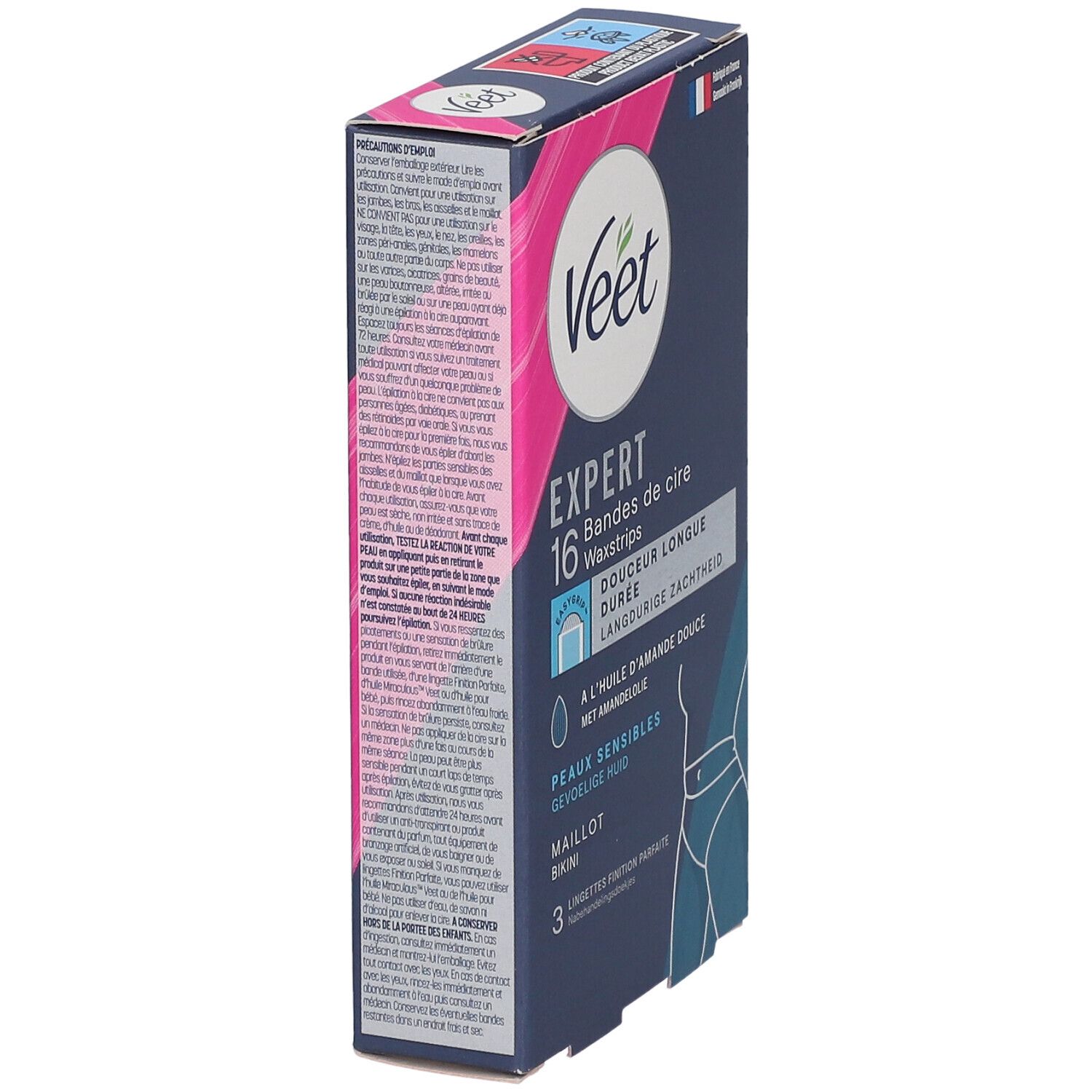 Veet Expert Packung, schräg. 16 Wachsstreifen, für empfindliche Haut. Mit Mandelöl. Für Bikinizone. 3 Tücher.