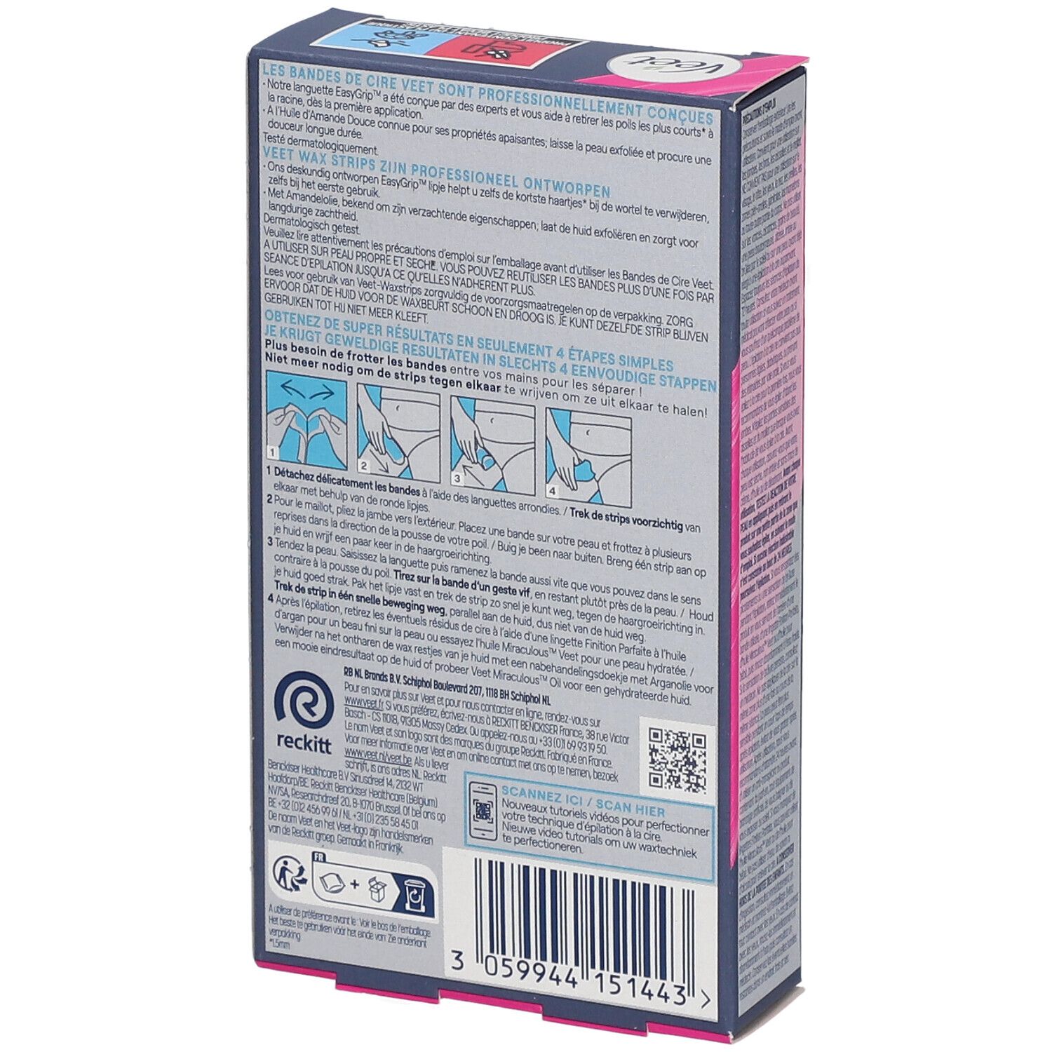 Rückseite der Veet Expert Packung. Informationen zu Anwendung und Inhaltsstoffen. QR-Code zum Scannen.