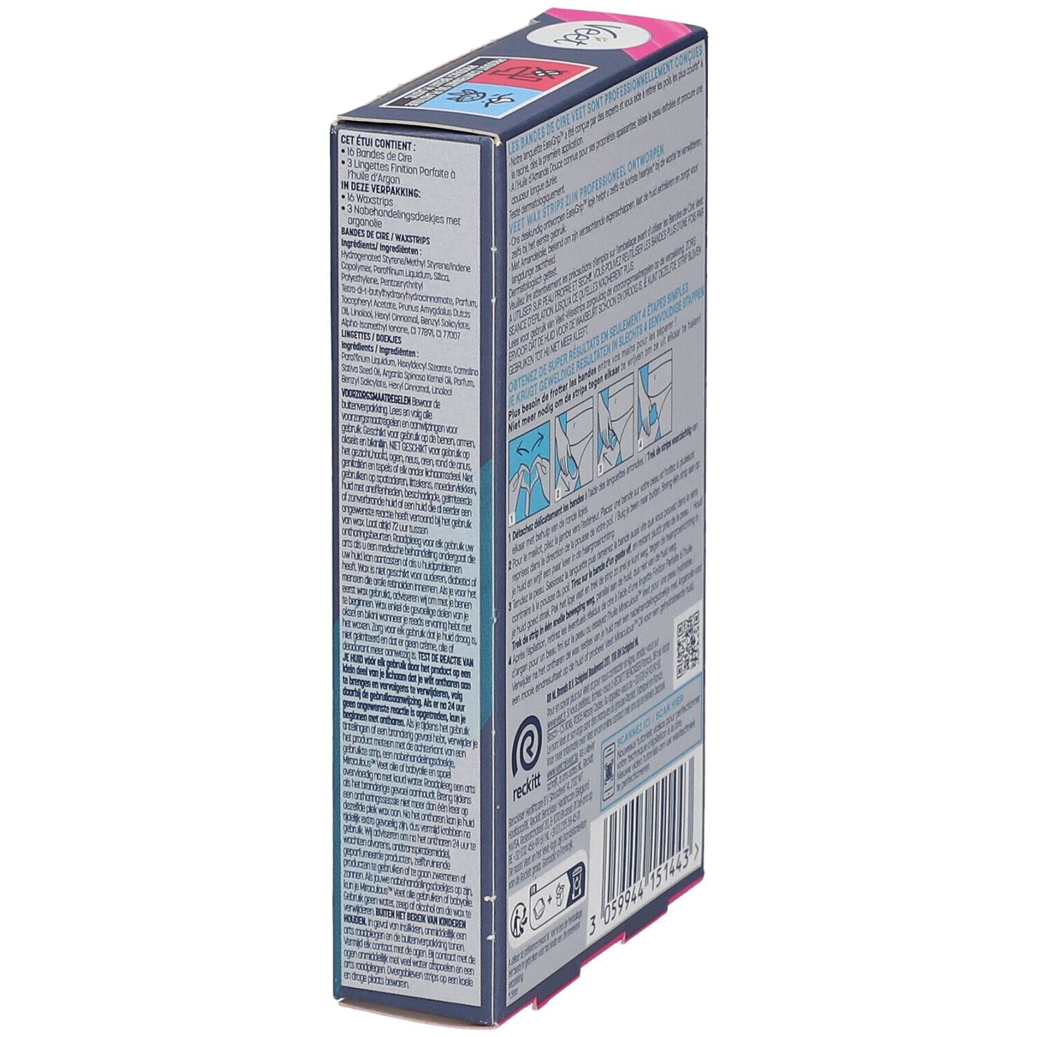Seitenansicht der Veet Expert Packung. Informationen zu Inhaltsstoffen und Anwendung. QR-Code.