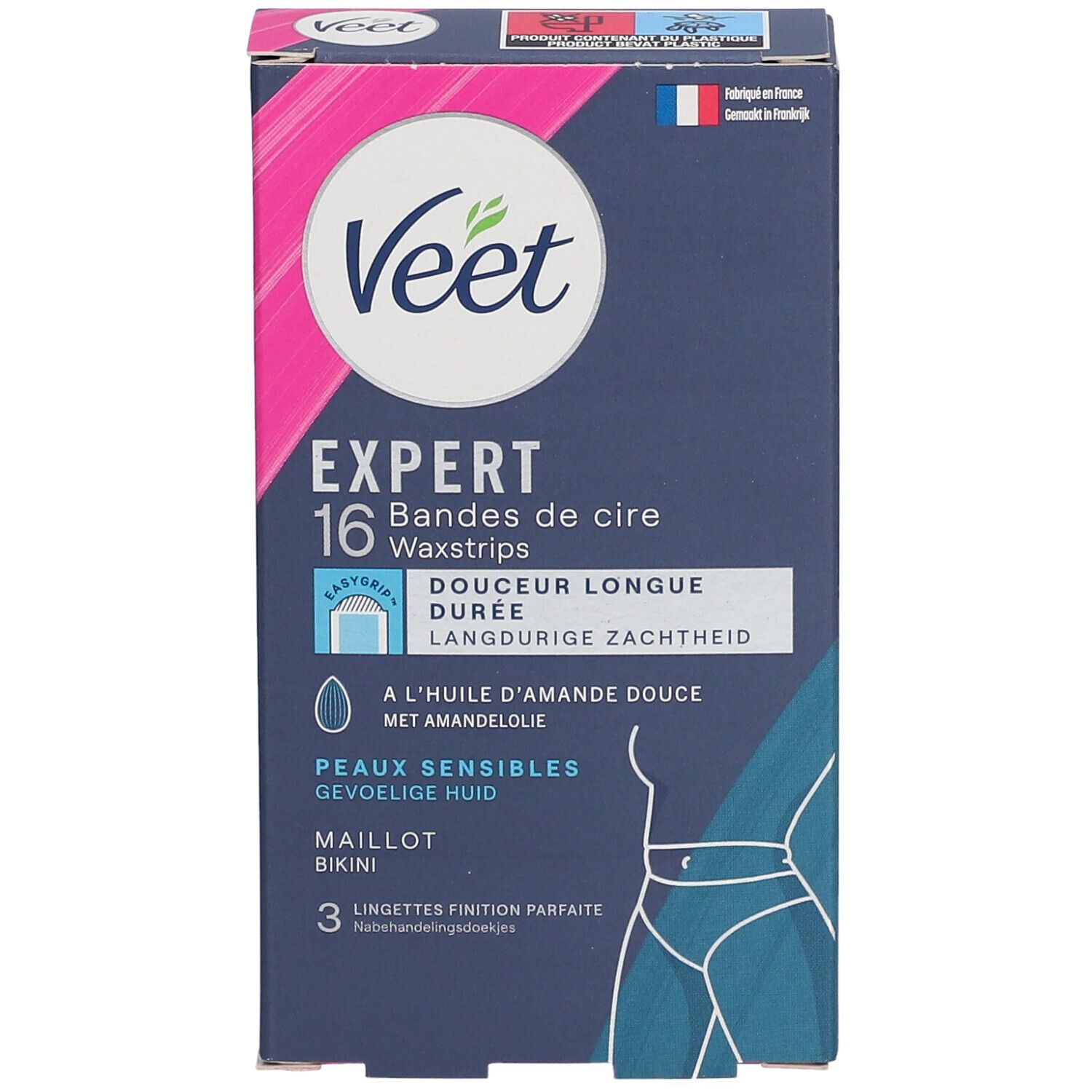 Veet Expert Packung. 16 Wachsstreifen, für empfindliche Haut. Mit Mandelöl. Für Bikinizone. 3 Tücher.