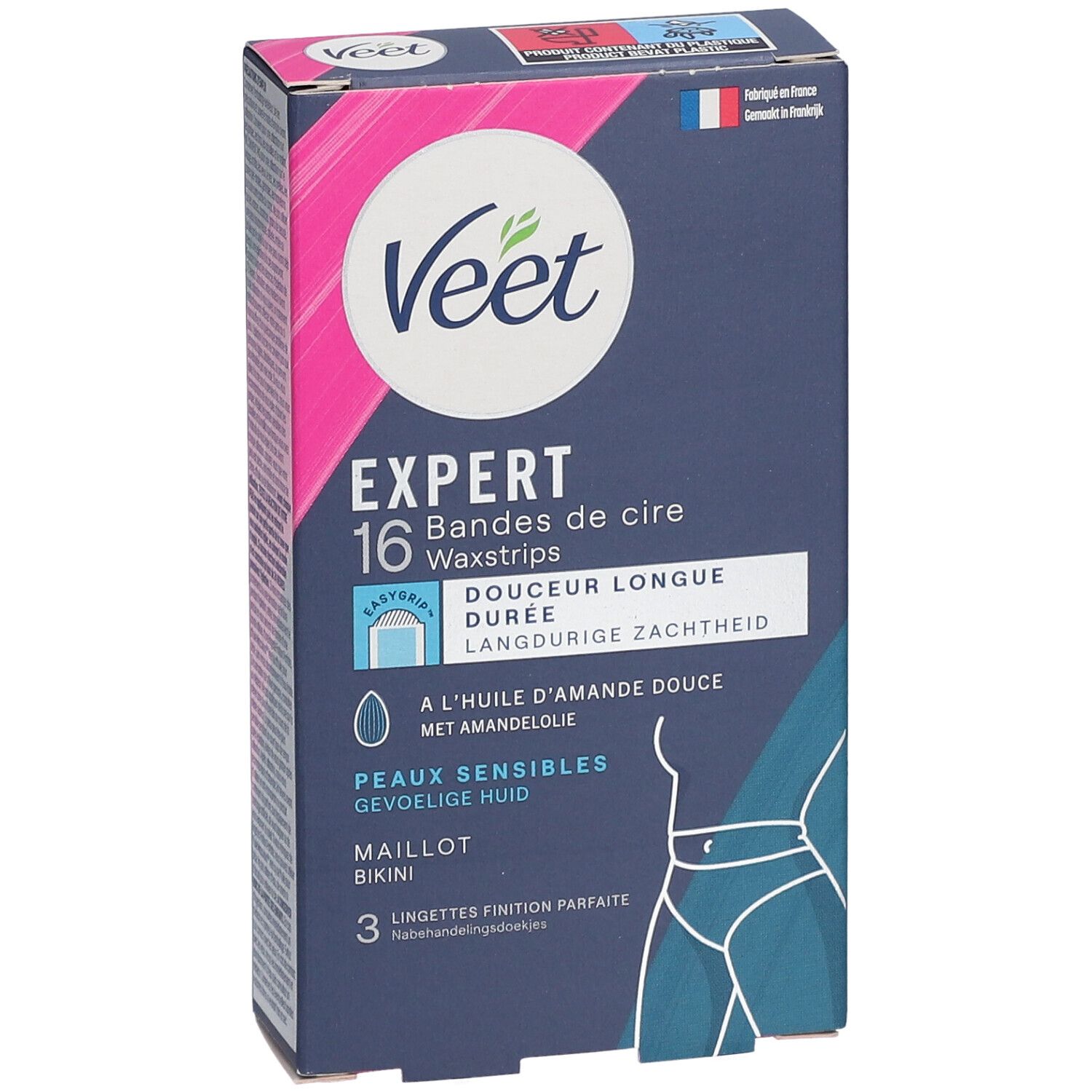 Veet Expert Packung. 16 Wachsstreifen, für empfindliche Haut. Mit Mandelöl. Für Bikinizone. 3 Tücher.