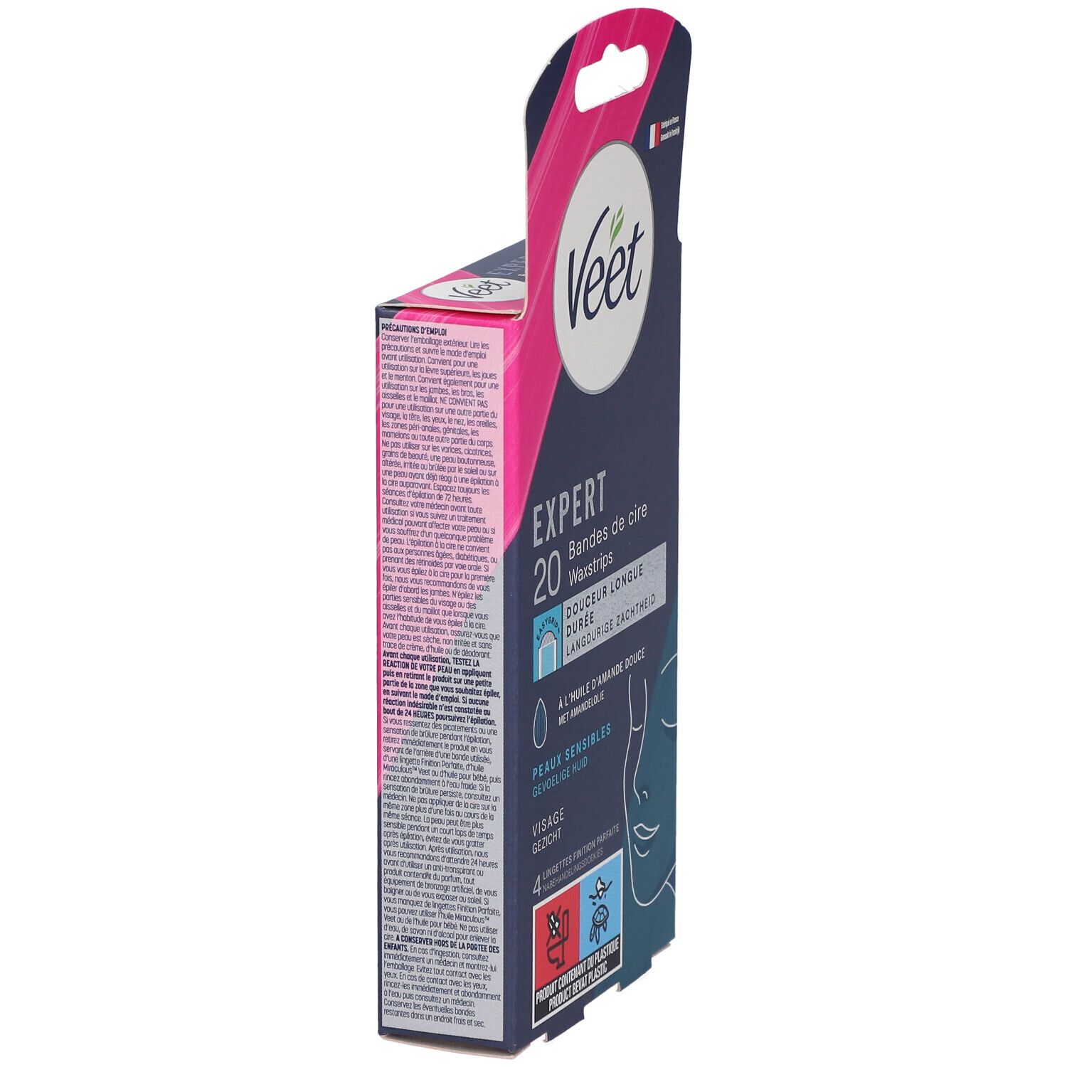 Vue latérale de la boîte Veet Expert. Contient 20 bandes de cire. Informations produit et illustrations sur l'emballage.