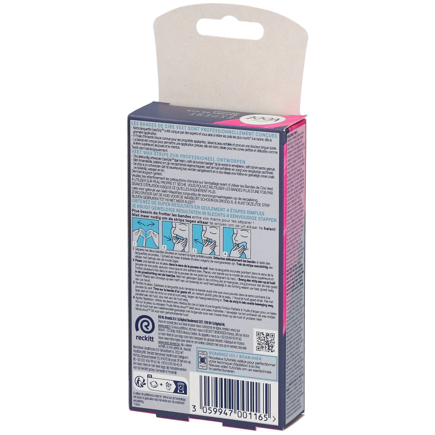 Dos de la boîte Veet Expert. Informations produit, instructions d'utilisation et informations fabricant.