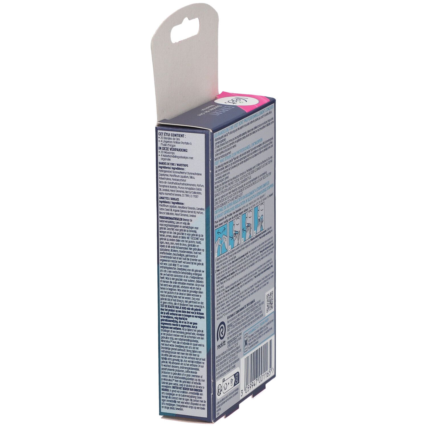 Vue latérale de la boîte Veet Expert. Informations produit et instructions d'utilisation.