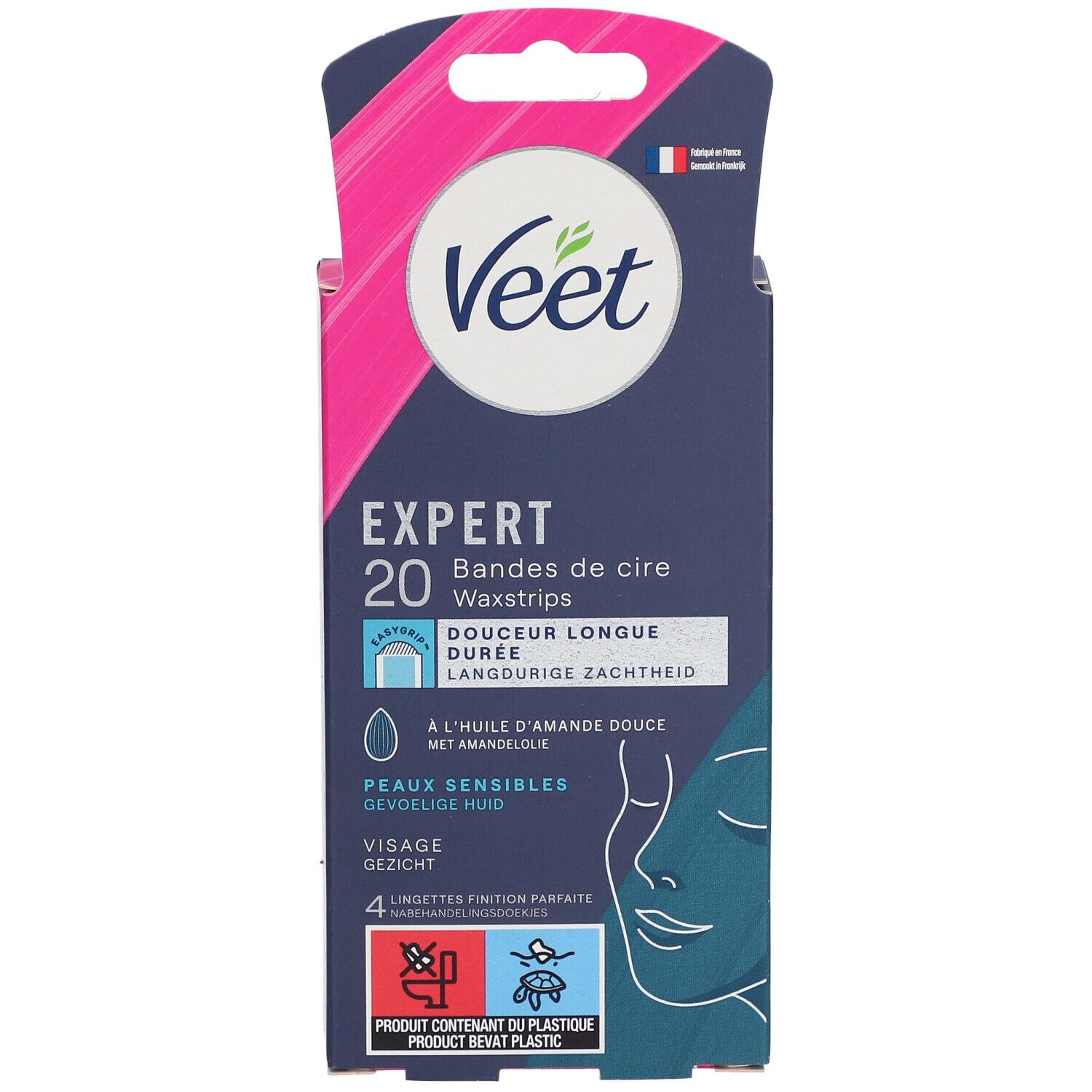 Boîte Veet Expert. Contient 20 bandes de cire pour le visage, peau sensible. Informations produit et illustrations sur l'emballage.