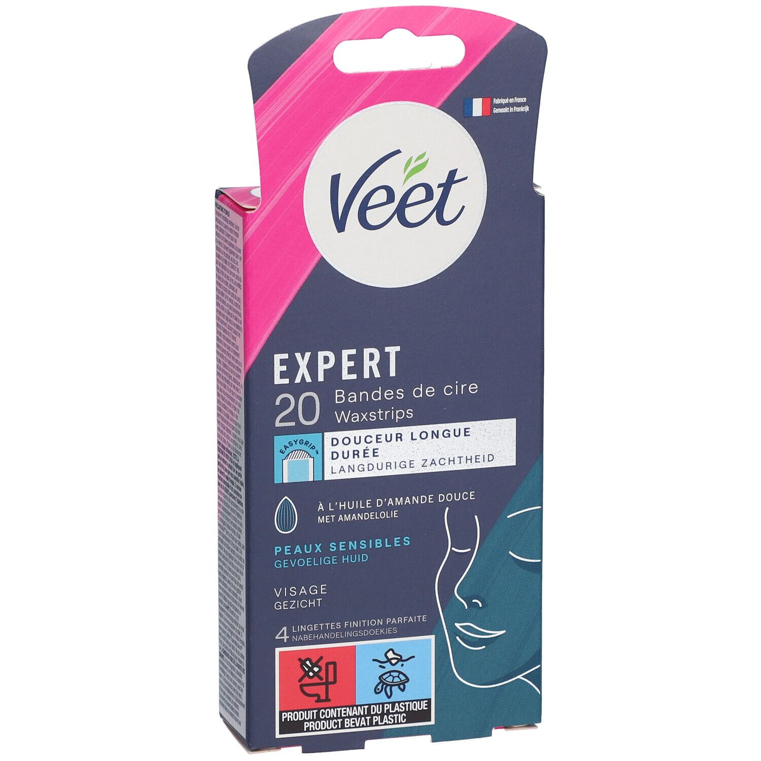 Boîte Veet Expert. Contient 20 bandes de cire pour le visage, peau sensible. Informations produit et illustrations sur l'emballage.