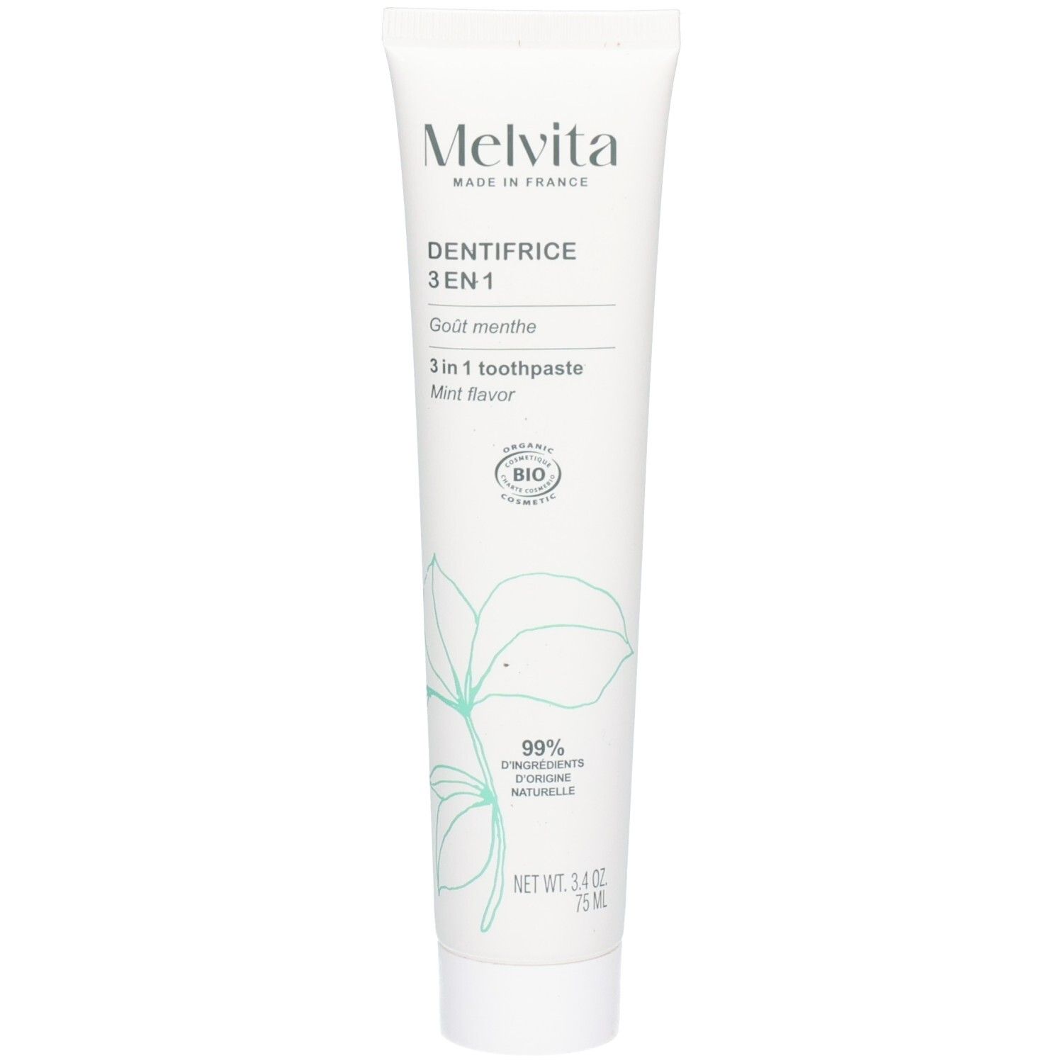 Melvita 3-in-1 Zahnpasta, Minzgeschmack, 75ml.