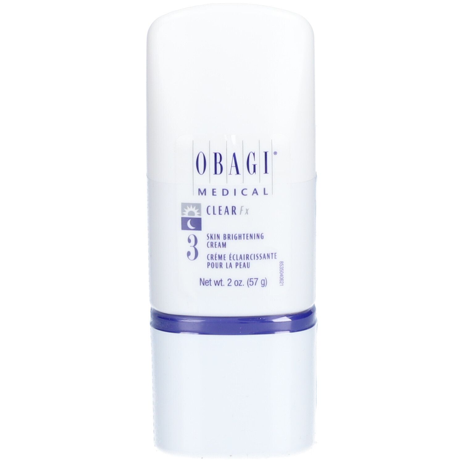 Tube de crème blanche avec accent bleu. Inscription: Obagi Medical, Clear Fx, Skin Brightening Cream. En bas: 2 oz (57 g).