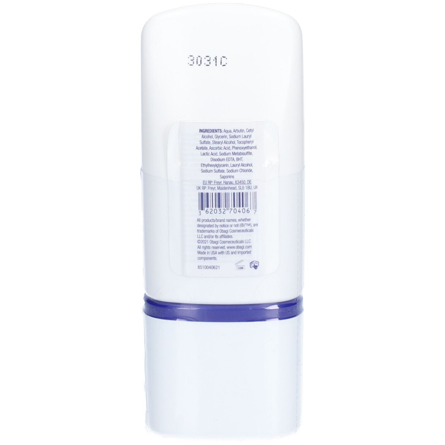 Dos du tube de crème blanc. Étiquette avec ingrédients et informations fabricant. En haut: 3031C.