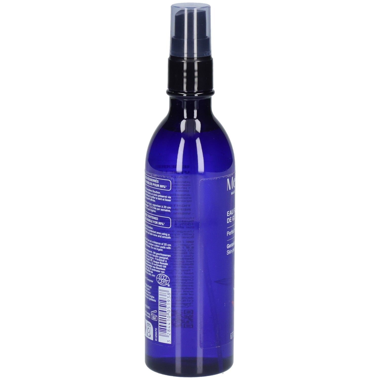 Flacon bleu avec vaporisateur. Texte sur le côté. Certification bio. Étiquette avec ingrédients et instructions.