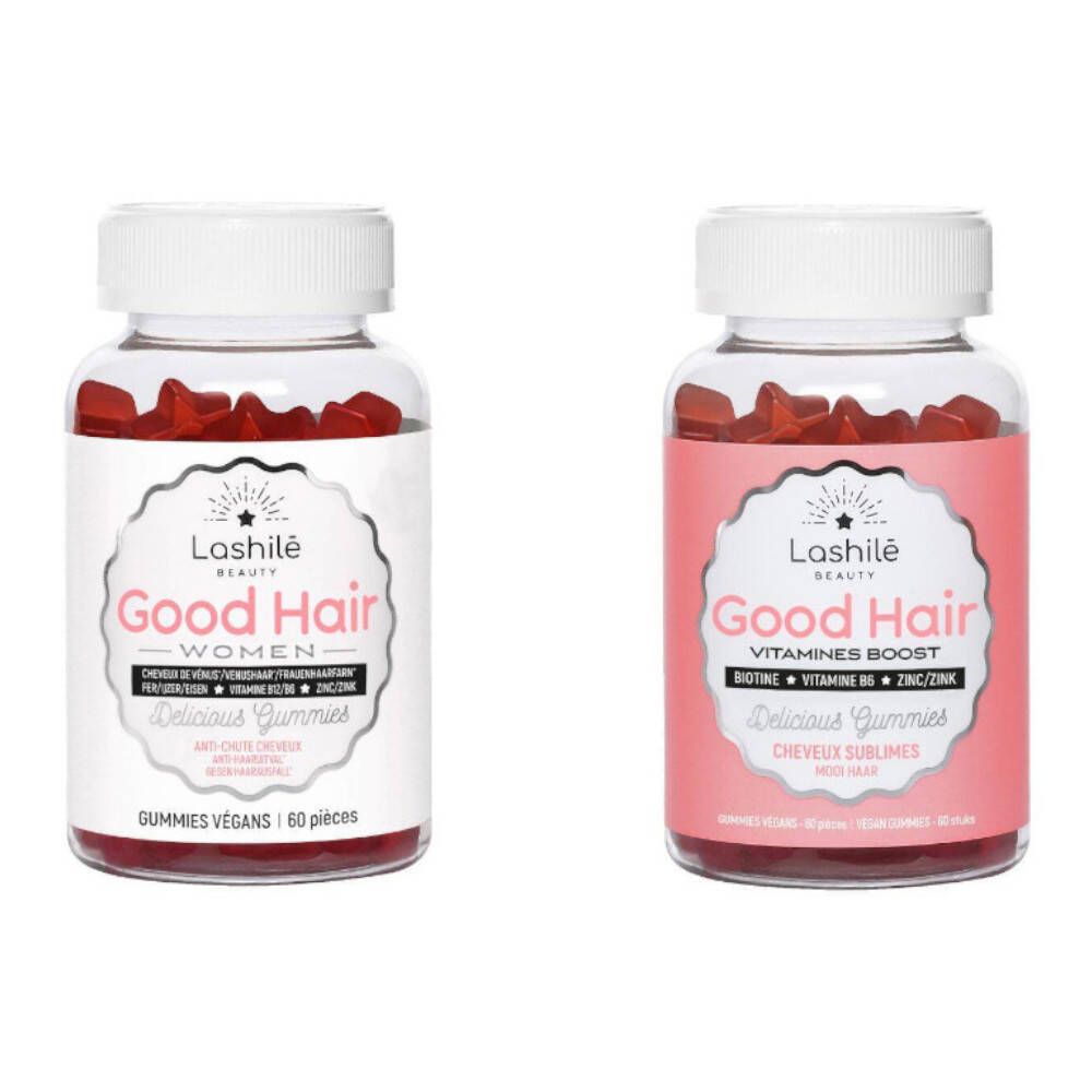 Deux flacons de gummies rouges en forme d'étoile. Le flacon de gauche indique "Good Hair Women".