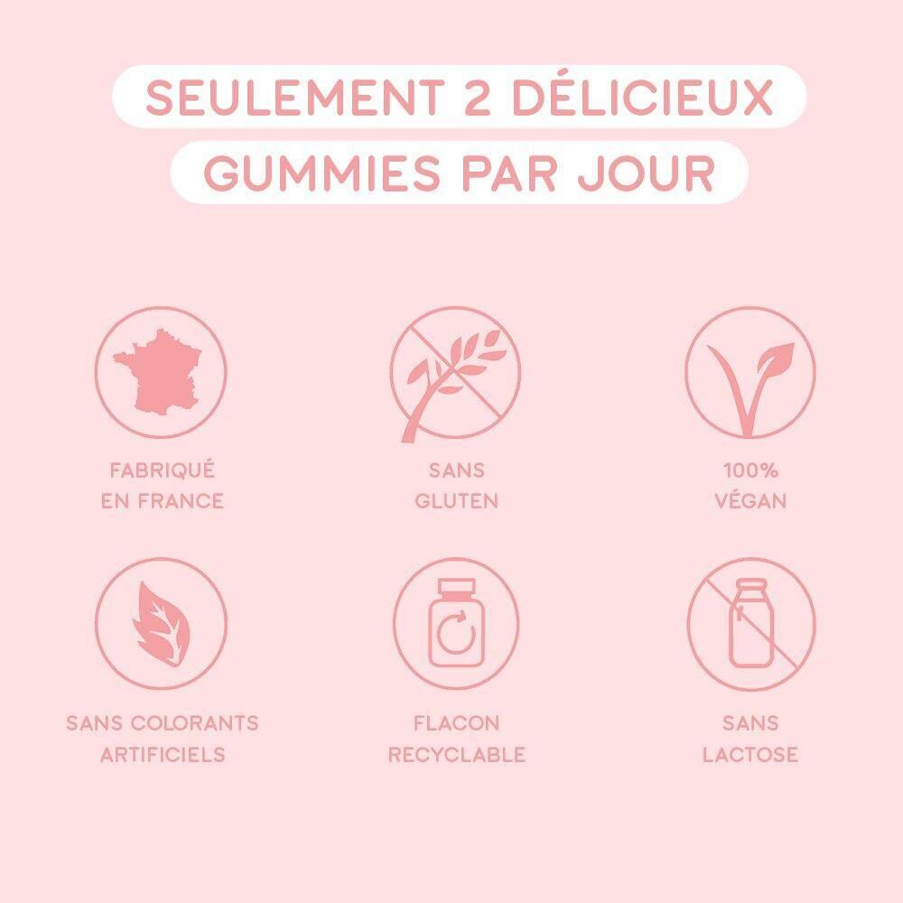 Six symboles sur fond rose. Texte : "Seulement 2 délicieux gummies par jour", "Fabriqué en France".
