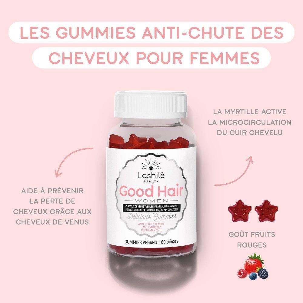 Une bouteille de gummies rouges en forme d'étoile. Texte : "Good Hair Women" et "Aide à prévenir la perte de cheveux".
