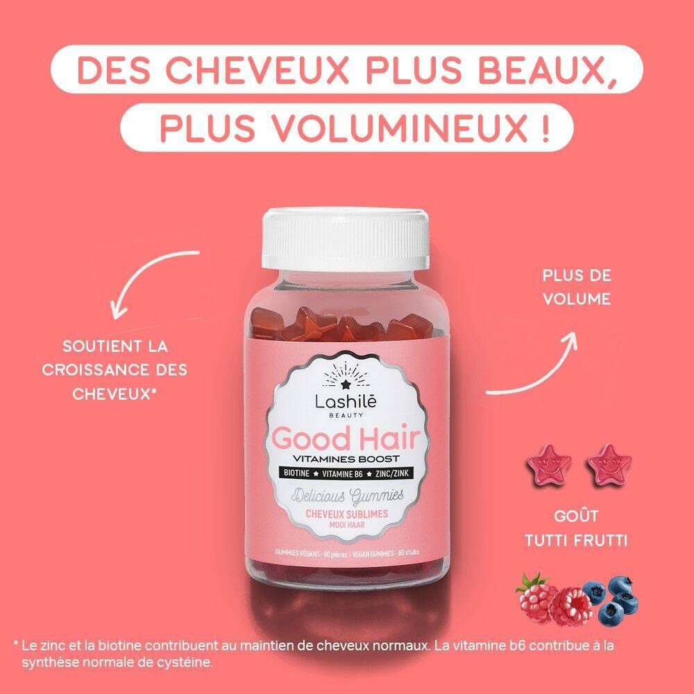 Une bouteille de gummies rouges en forme d'étoile. Texte : "Good Hair Boost" et "Pour des cheveux plus beaux, plus volumineux".