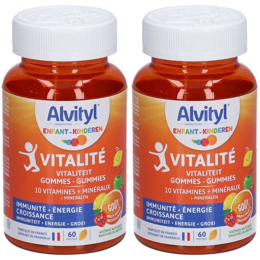 Zwei Flaschen Alvityl Vitalität Radiergummis. Orangefarbene Flaschen mit weißem Deckel. Aufschrift: 10 Vitamine + Mineralien.