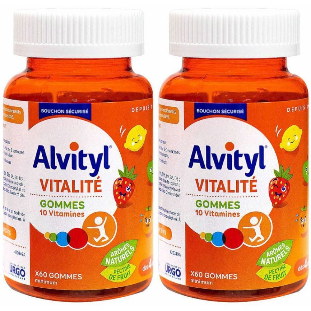 Deux flacons Alvityl Vitalité Gommes. Flacons oranges avec bouchon blanc. Inscription: Vitalité, 10 Vitamines, 60 gommes.