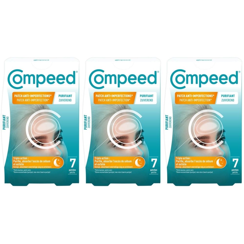 Trois paquets de patchs anti-imperfections Compeed. Chaque paquet contient 7 patchs. Inscription : "7 patches".