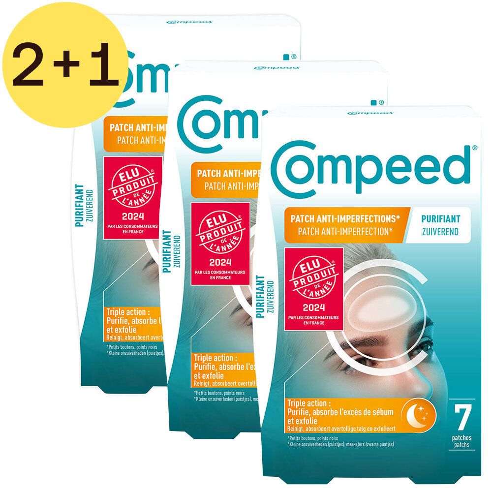 Trois paquets de patchs anti-imperfections Compeed. Chaque paquet contient 7 patchs. Inscription : "2+1" et "ELU PRODUIT CANNES 2024".