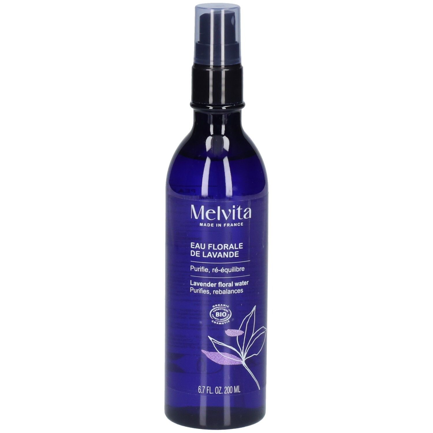 Melvita Lavendelblütenwasser in blauer Sprühflasche mit Etikett.