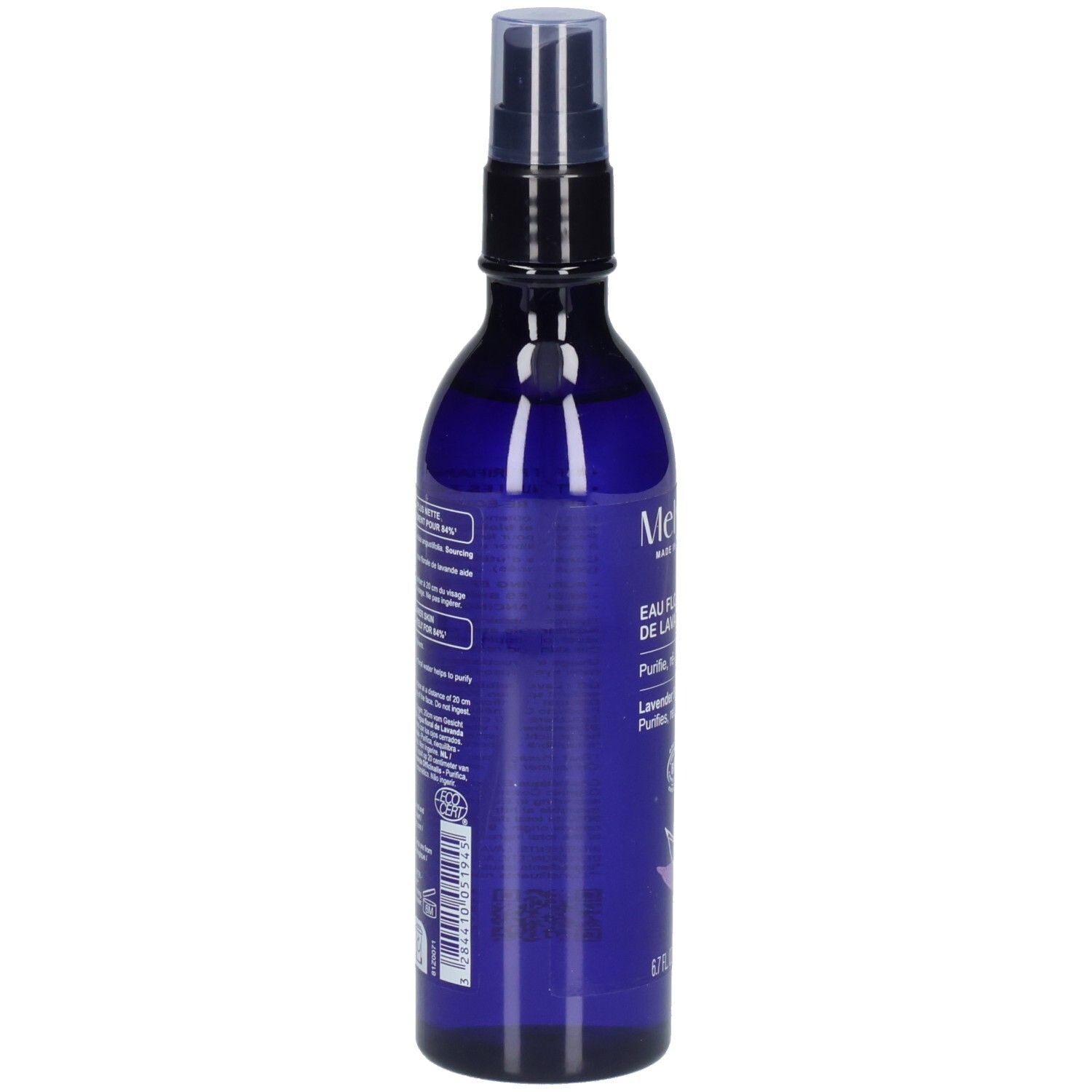 Rückseite einer blauen Sprühflasche mit Melvita Lavendelblütenwasser und Produktinformationen.