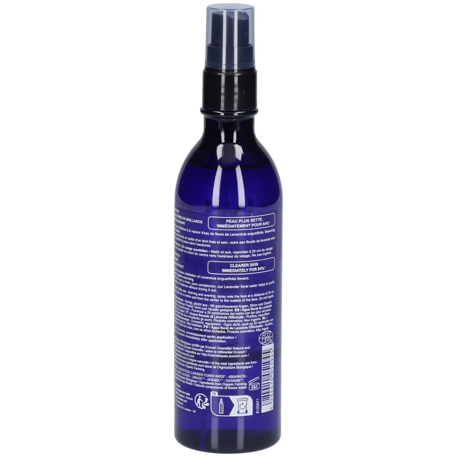 Seite einer blauen Sprühflasche mit Melvita Lavendelblütenwasser und Anwendungshinweisen.