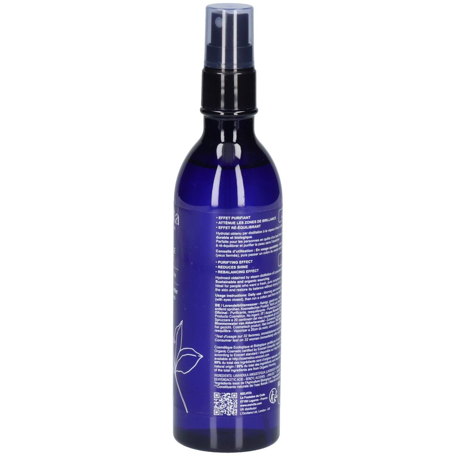 Rückseite einer blauen Sprühflasche mit Melvita Lavendelblütenwasser, detaillierte Informationen.