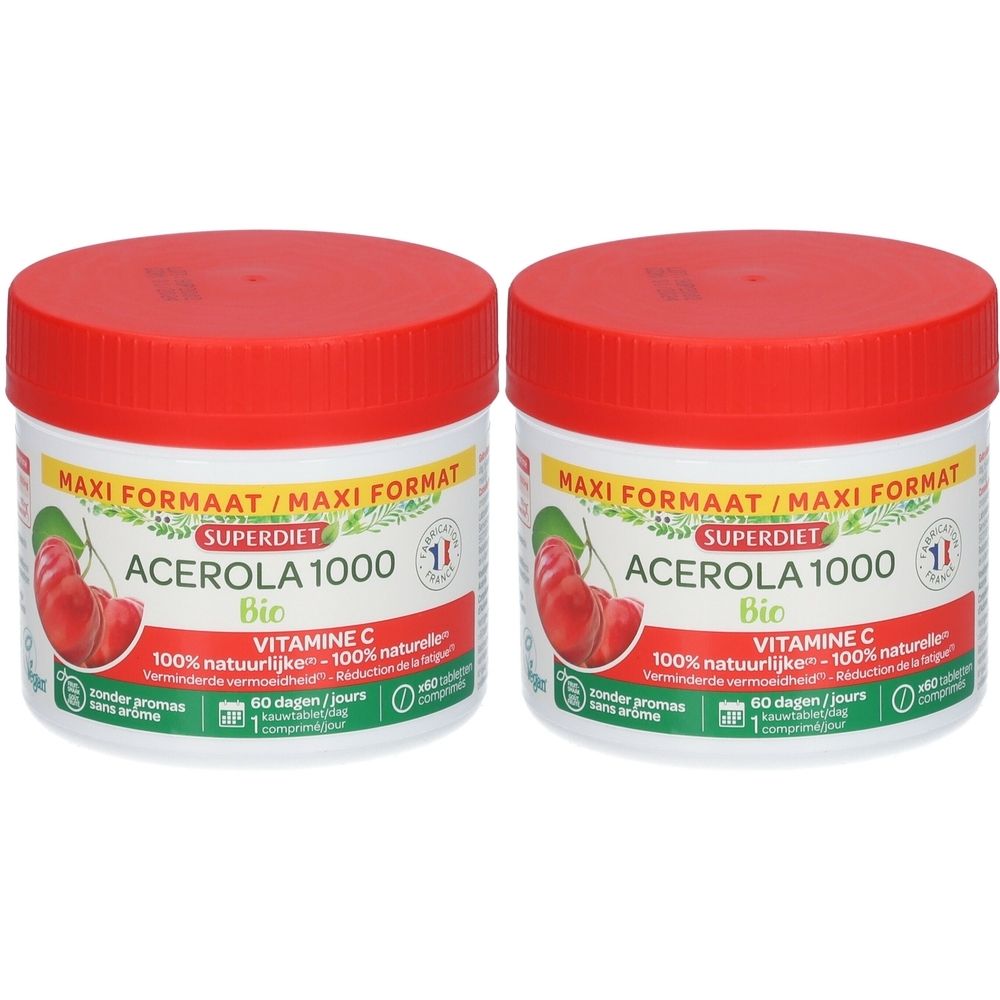 Zwei Dosen SUPERDIET ACÉROLA 1000 Bio. Rote Deckel, weiße Behälter mit Etikett. Aufschrift: Vitamin C, Bio, 100% natürlich.