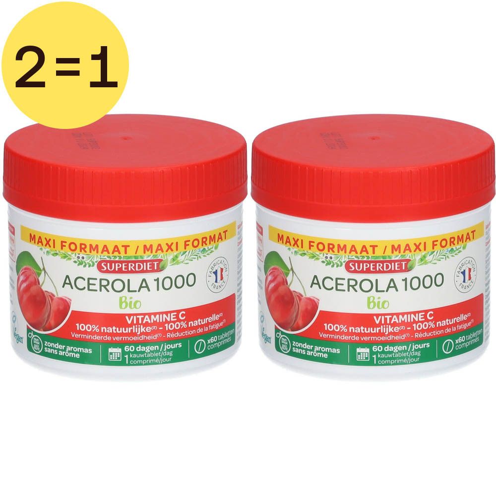 Zwei Dosen Superdiet Acérola 1000 Bio, rote Deckel, Etikett mit Produktinformationen und Acerola-Abbildung. Gelbes 2=1-Symbol.