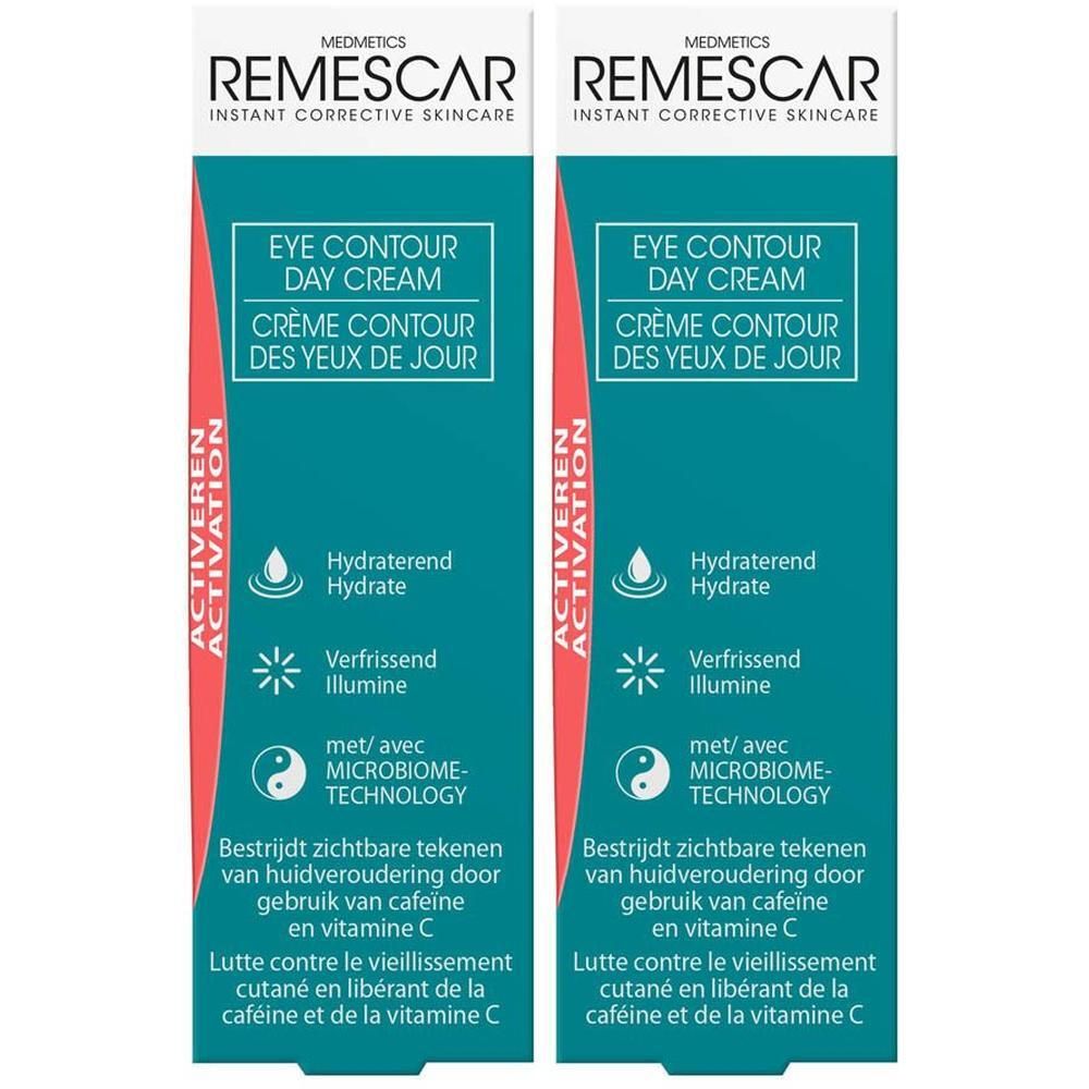 Deux boîtes de Remescar Eye Contour Day Cream. Sur l'emballage : Eye Contour Day Cream, Crème Contour des Yeux de Jour.