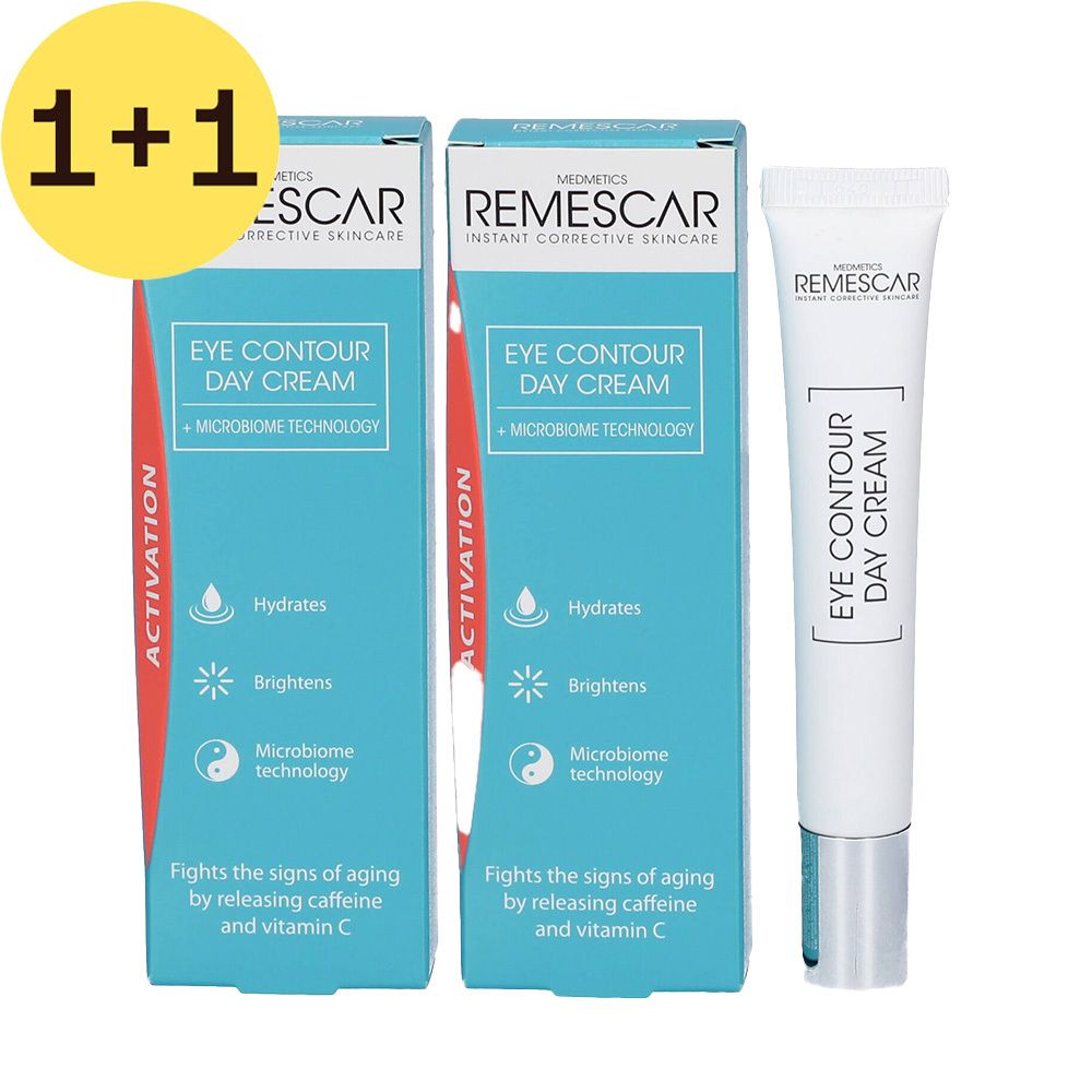 Deux boîtes et un tube de Remescar Eye Contour Day Cream. Sur l'emballage : Eye Contour Day Cream, Microbiome Technology.