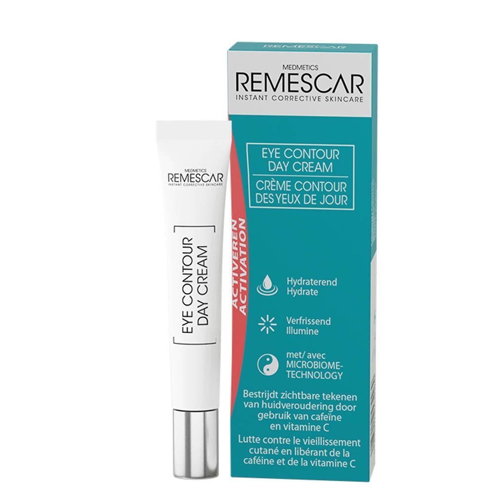 Un tube et une boîte de Remescar Eye Contour Day Cream. Sur l'emballage : Eye Contour Day Cream, Crème Contour des Yeux de Jour.