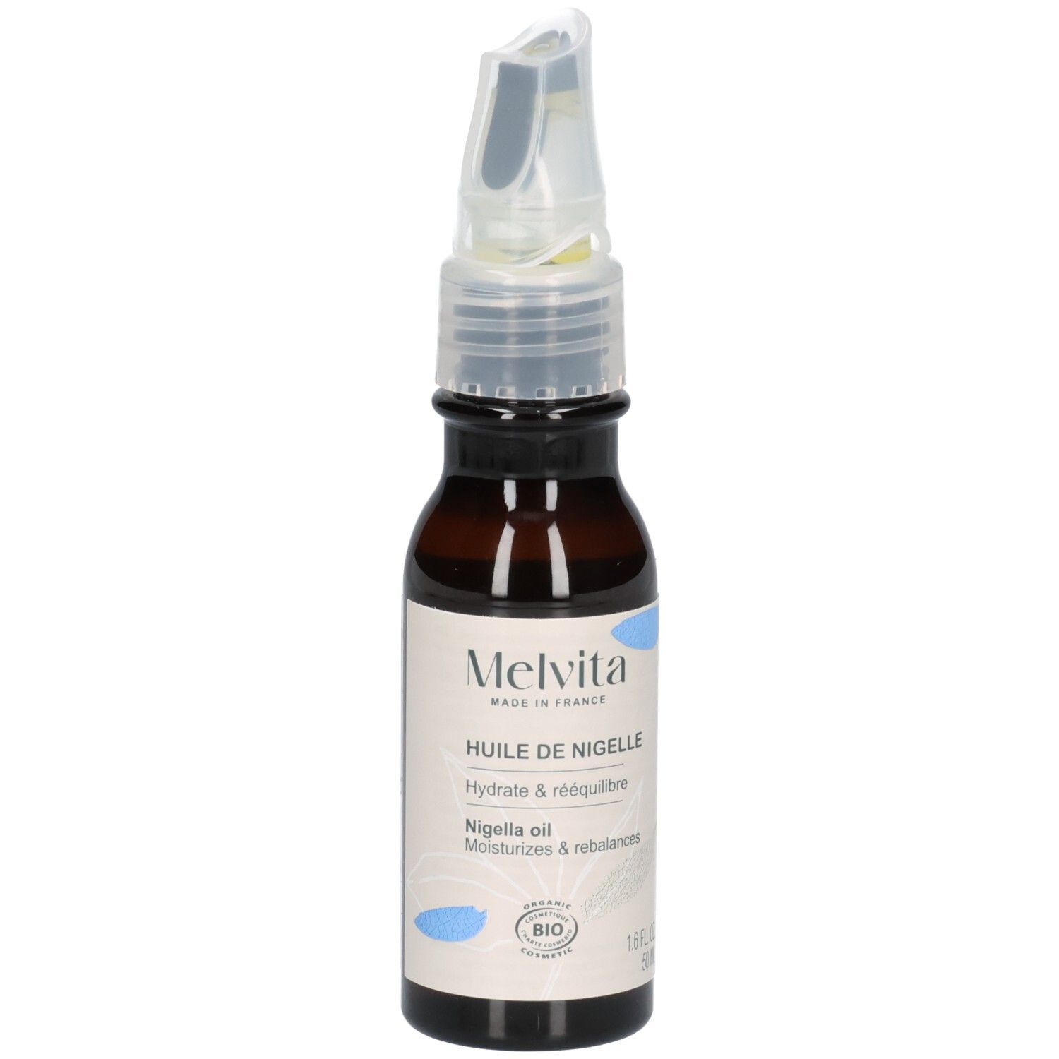 Melvita Nigellaöl Flasche mit Applikator. Bio-Siegel und Made in France Aufschrift.